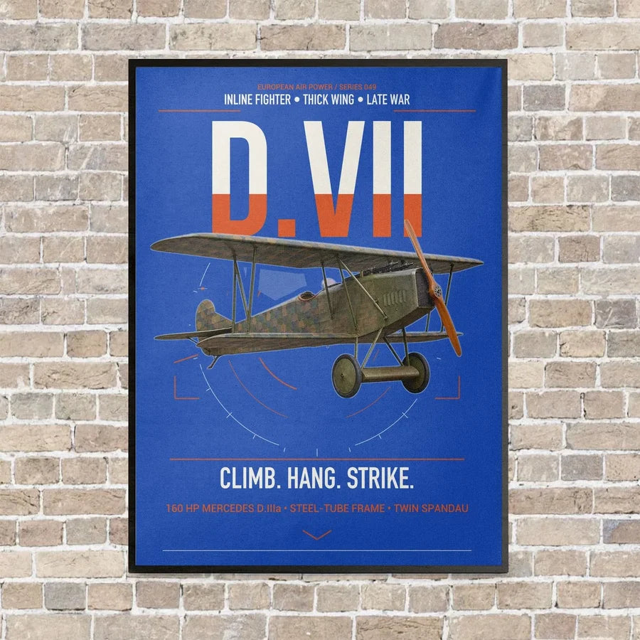Fokker D.VII vertical canvas print - framed - blue background