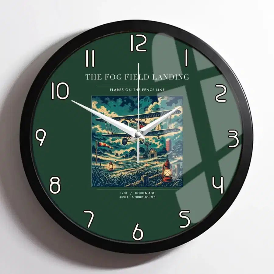 VINTAGE G4150 - The Fog Field Landing - Designed Wall Clocks design on darkgreen framed