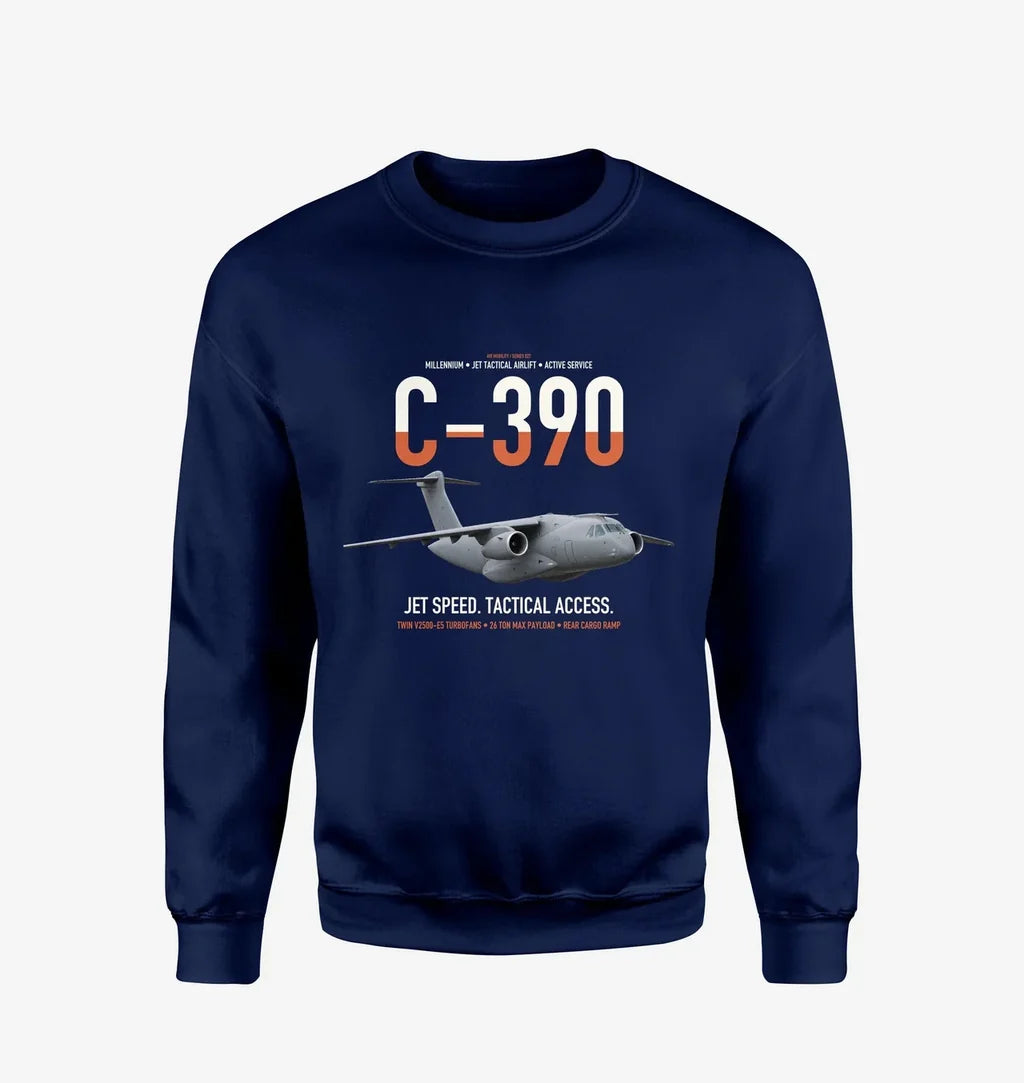 C-390 Millennium design on navy blue sweatshirt