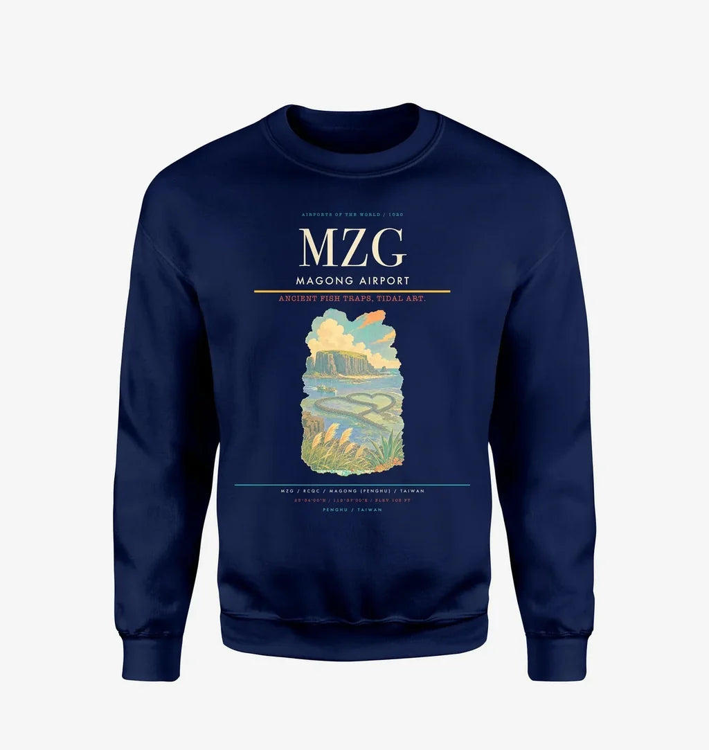 Magong Airport (MZG) design on navy blue sweatshirt