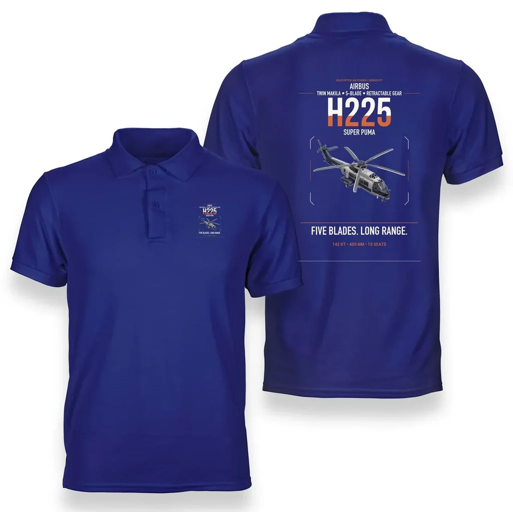 Airbus H225 design on blue double-side polo t-shirt, double-side print