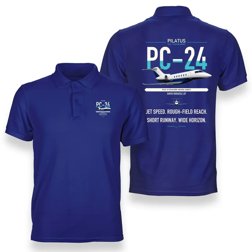 Pilatus PC-24 design on blue double-side polo t-shirt, double-side print
