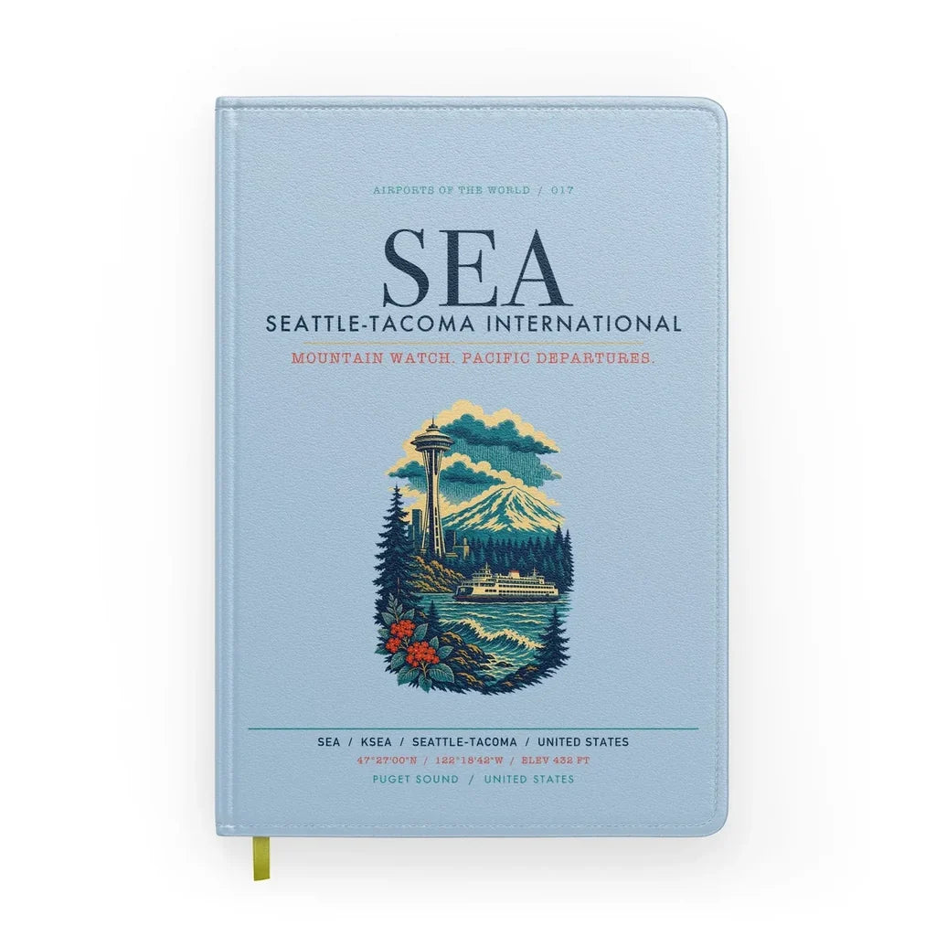 Seattle-Tacoma International Airport (SEA) design on light blue notebook