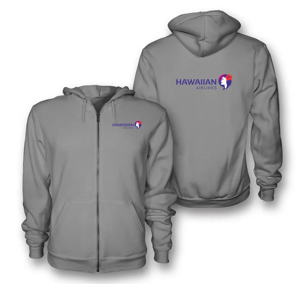 Hawaiian Airlines logo on gray zipped hoodie