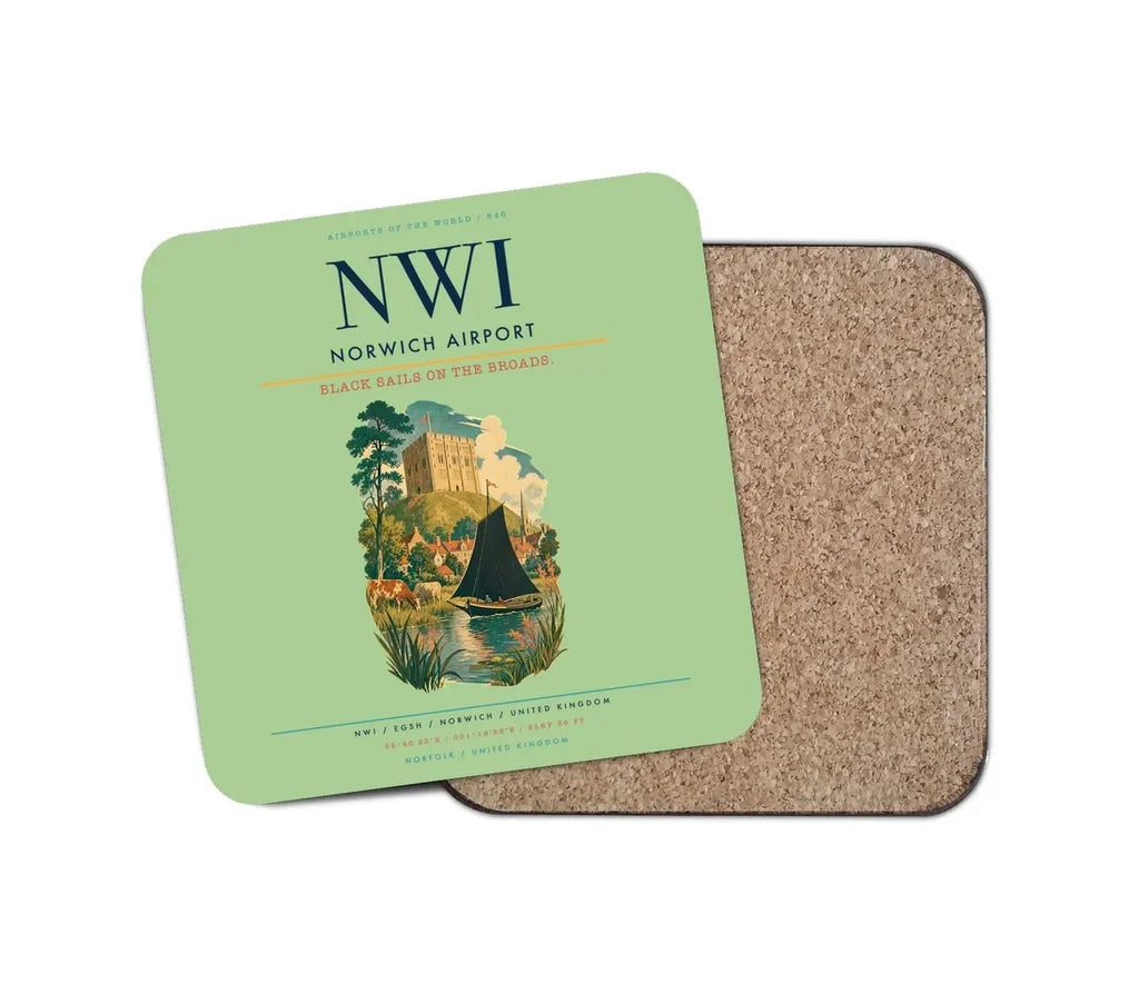 Norwich Airport (NWI) design on light green 1 piece coaster