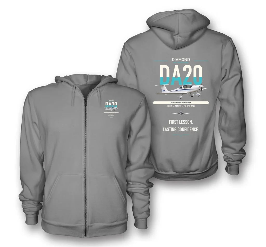 Diamond DA20 design on gray premium zipped hoodie, double-side print