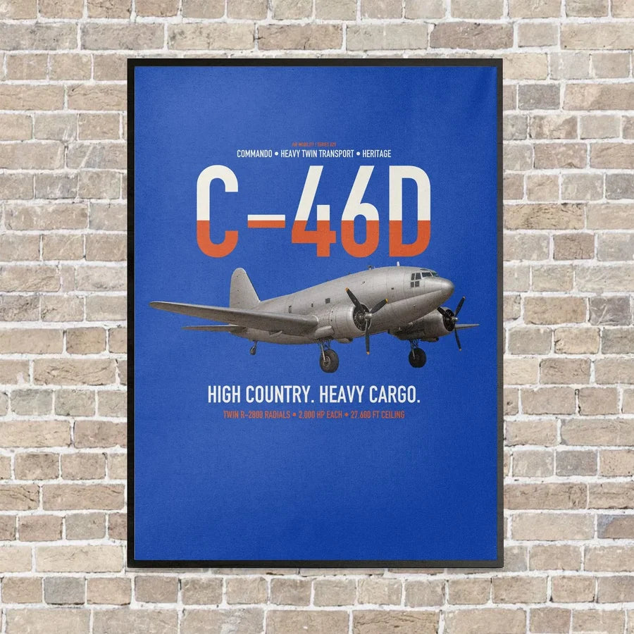 C-46D Commando vertical canvas print - framed - blue background