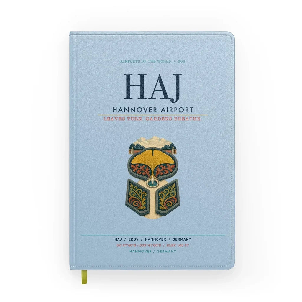 Hannover Airport (HAJ) design on light blue notebook