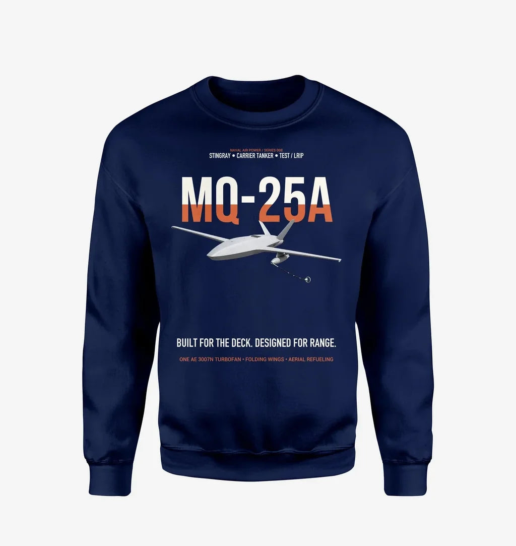 MQ-25A STINGRAY design on navy blue sweatshirt