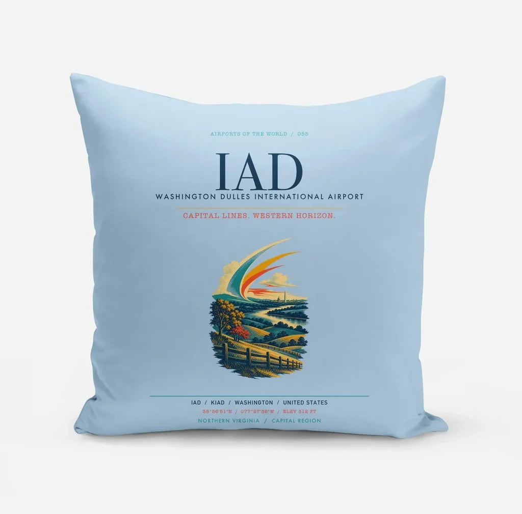 Washington Dulles International Airport (IAD) design on light blue pillow