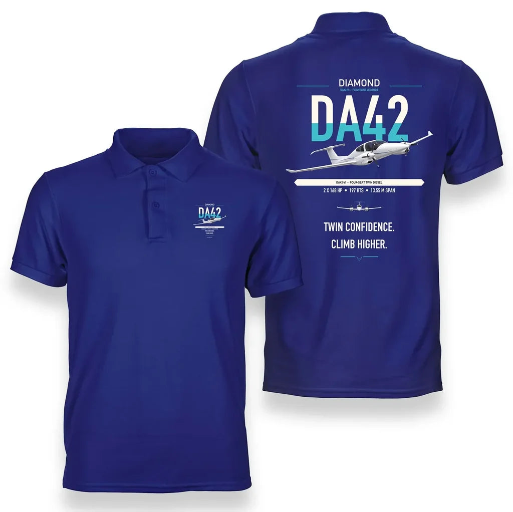 Diamond DA42-VI design on blue double-side polo t-shirt, double-side print