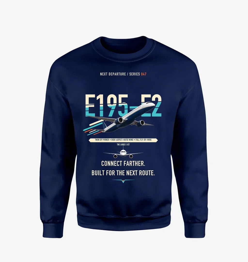 Embraer E195-E2 design on navy blue sweatshirt