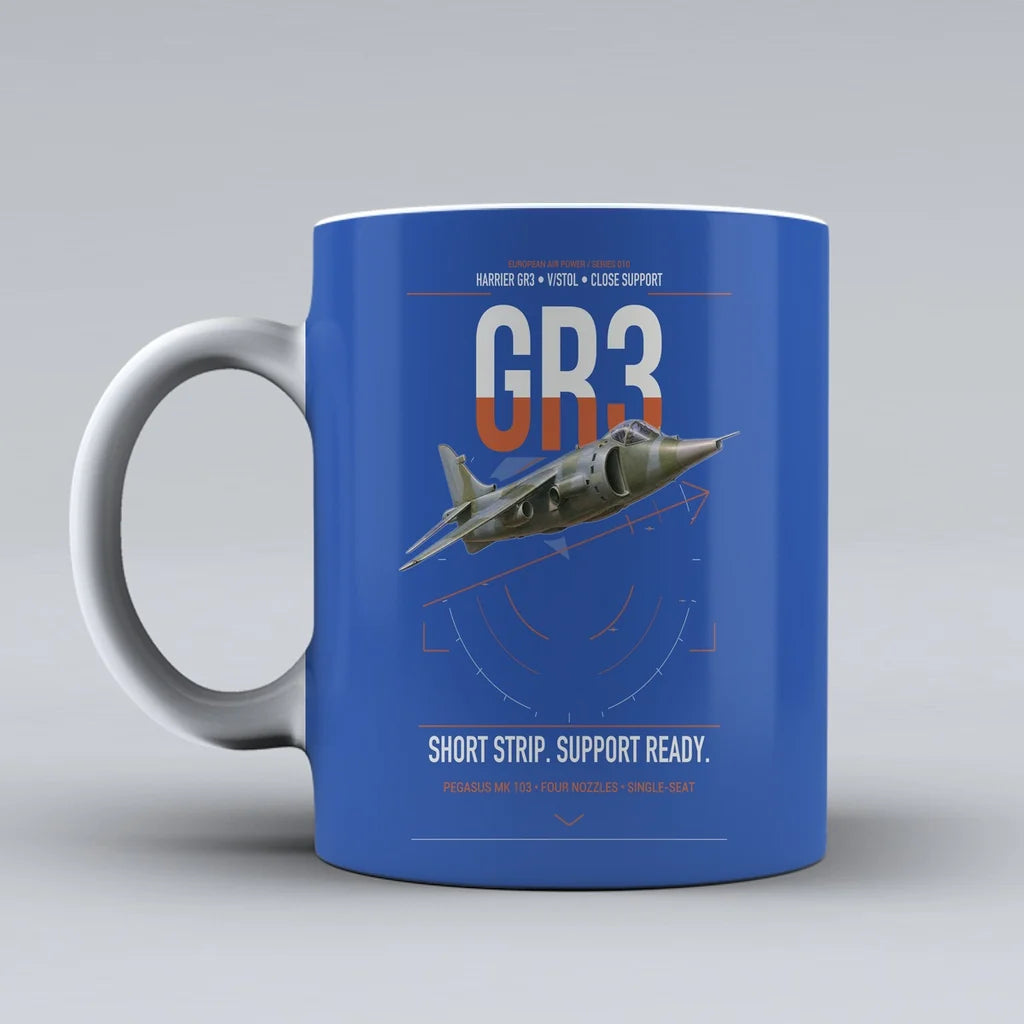 Hawker Siddeley Harrier GR3 design on blue ceramic mug, double-side print