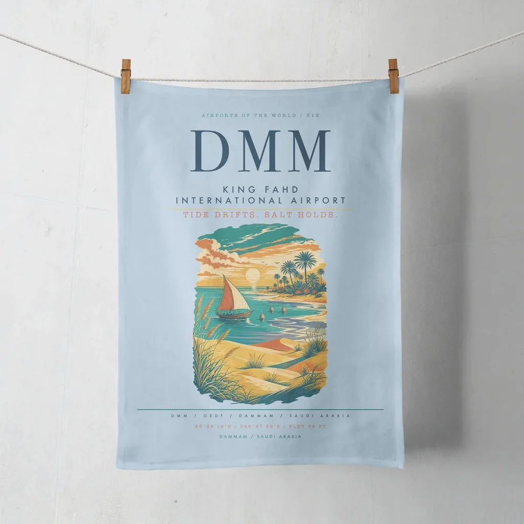 King Fahd International Airport (DMM) design on light blue towel