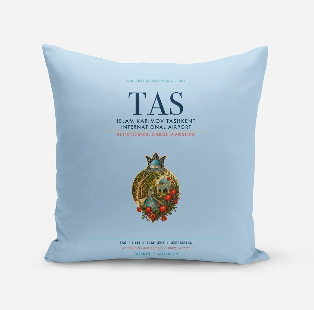 Islam Karimov Tashkent International Airport (TAS) design on light blue pillow