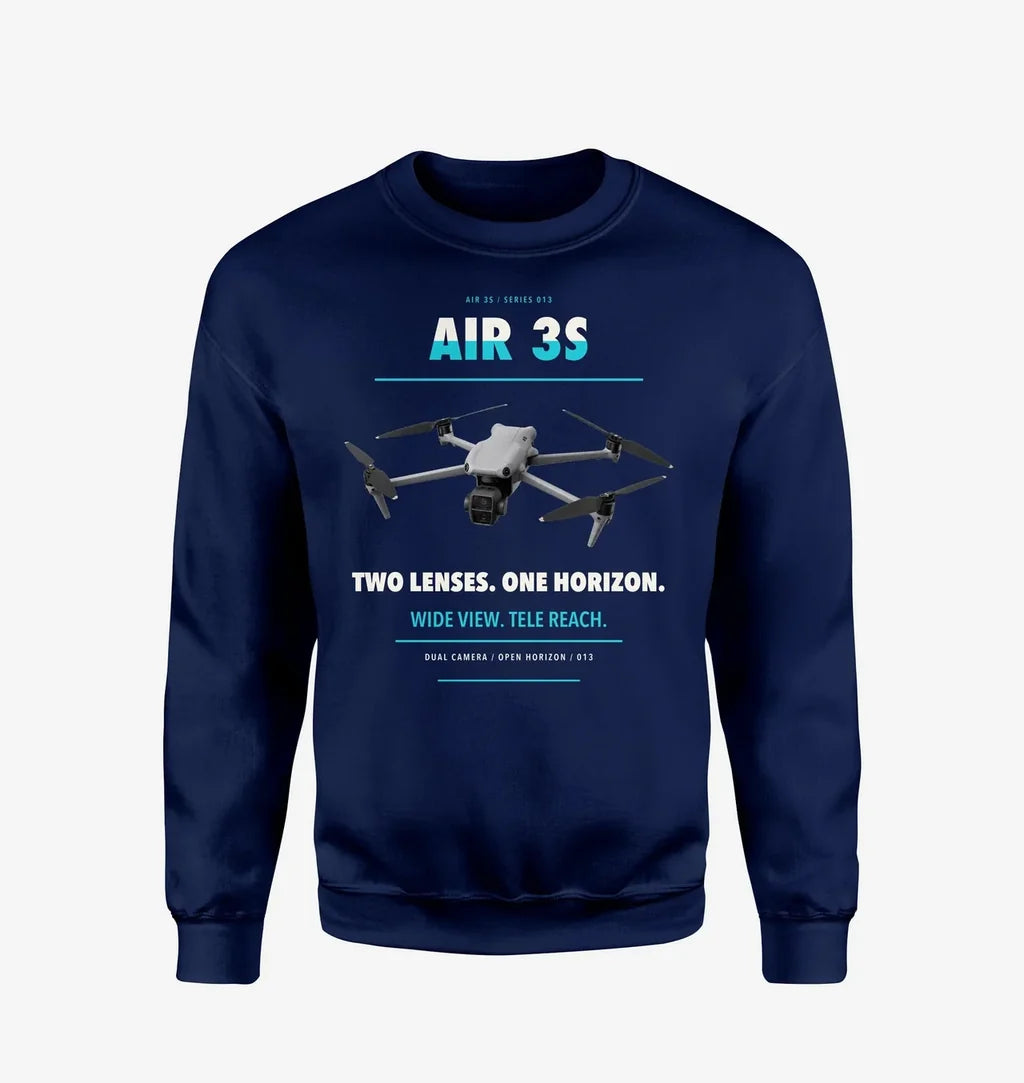 DJI Air 3S design on navy blue sweatshirt