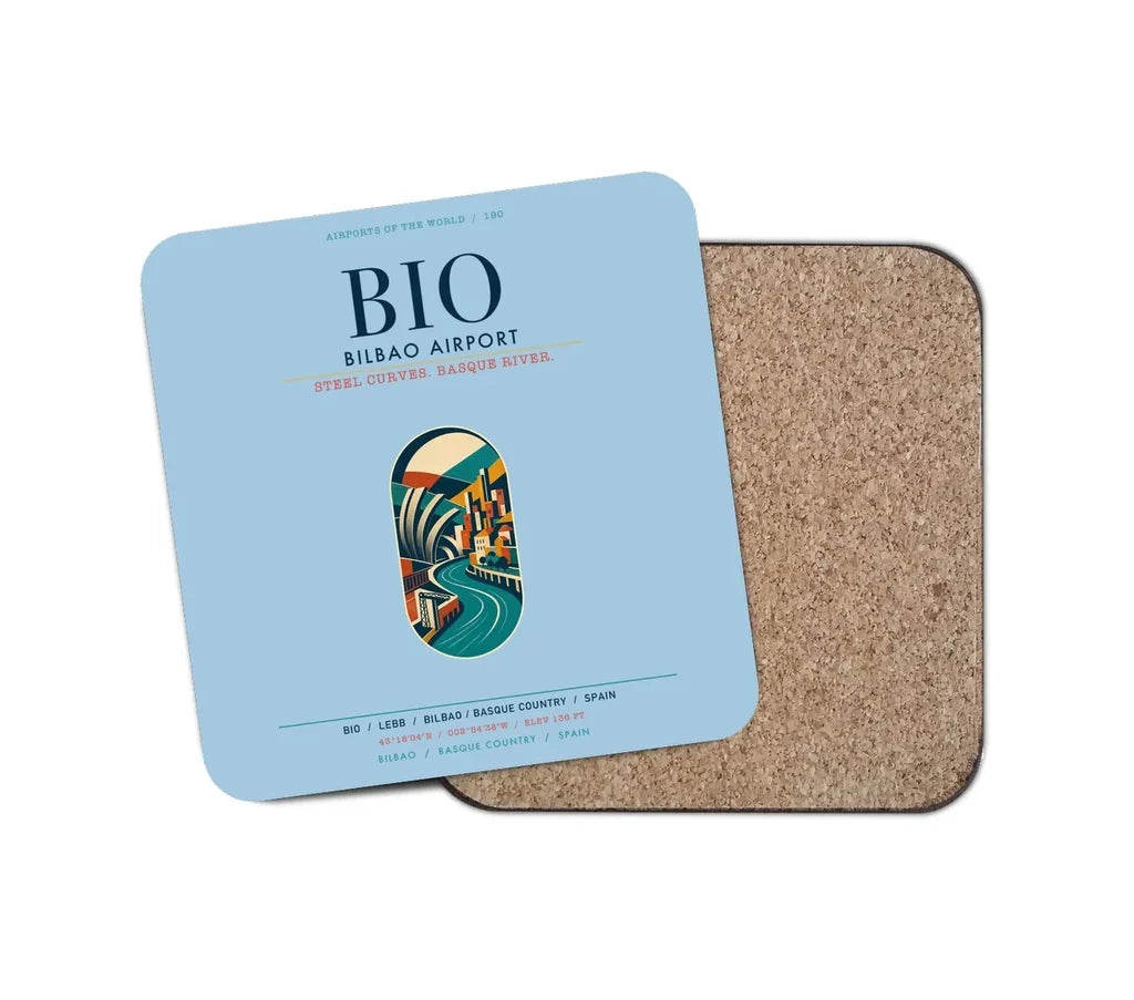 Bilbao Airport (BIO) design on light blue 1 piece coaster