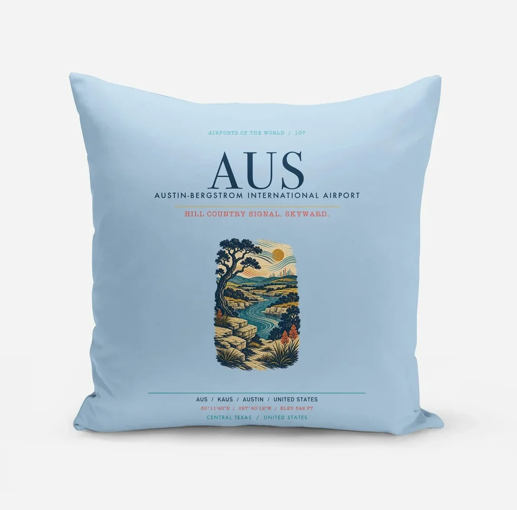 Austin-Bergstrom International Airport (AUS) design on light blue pillow