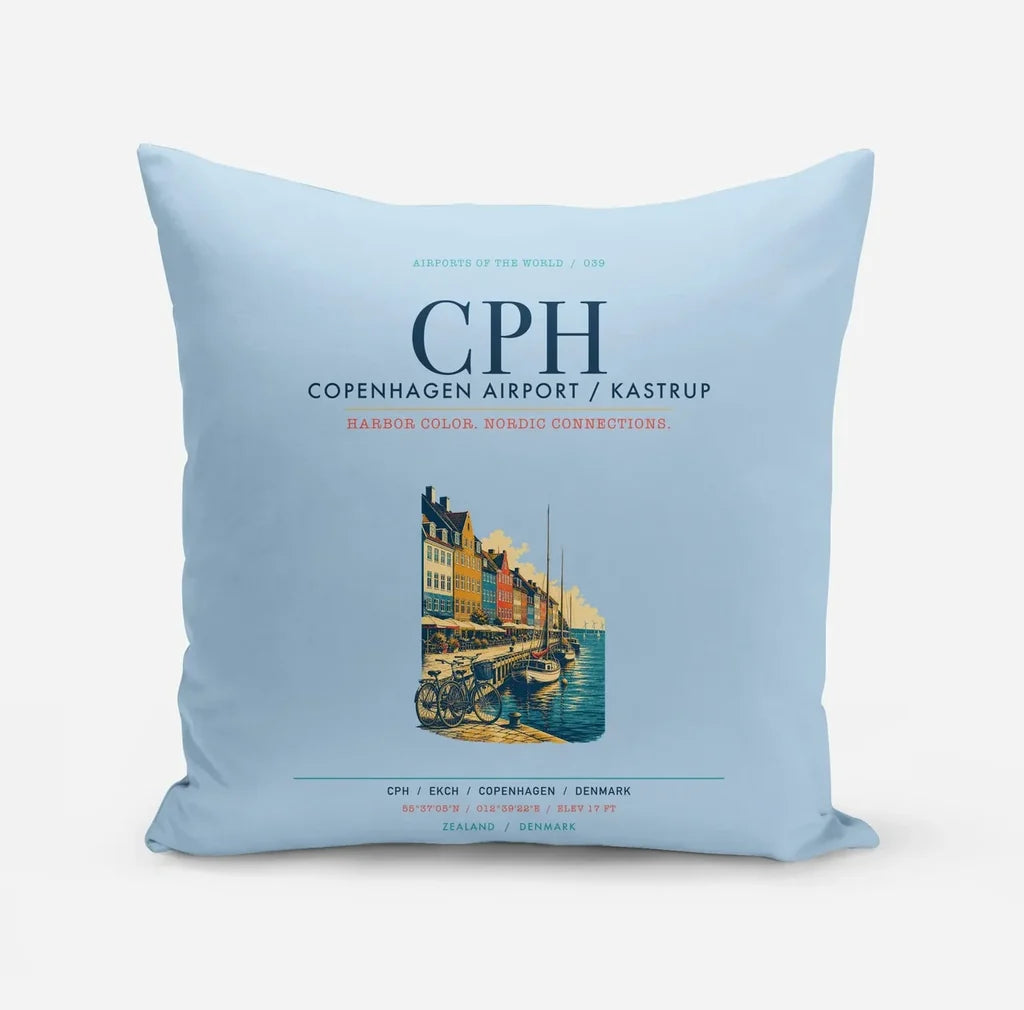 Copenhagen Airport Kastrup (CPH) design on light blue pillow