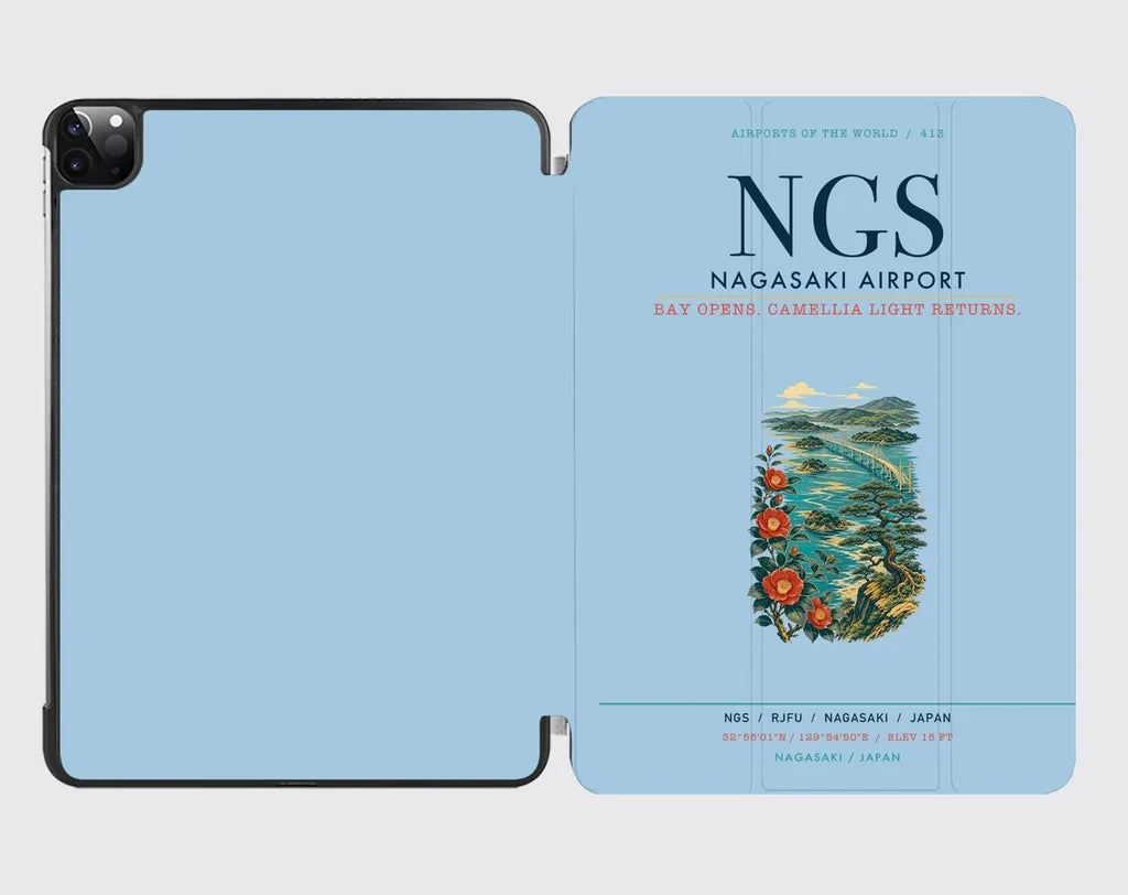 Nagasaki Airport (NGS) design on light blue ipad tablet case