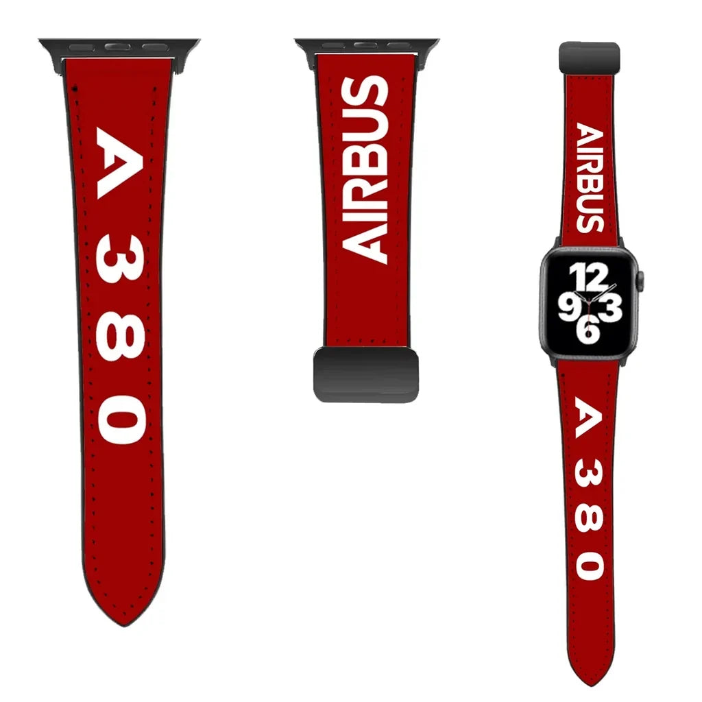 Airbus A380 Flat Text leather apple watch band - red
