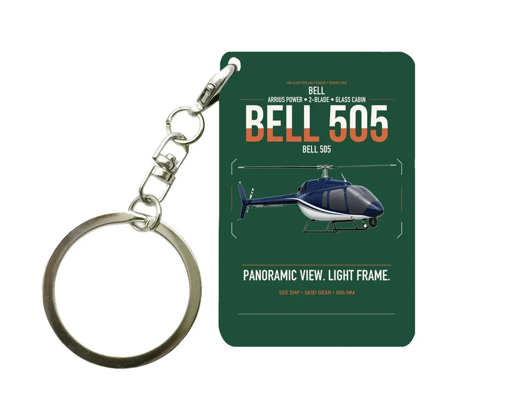 Bell 505 design on dark green designed key chain, double-side print