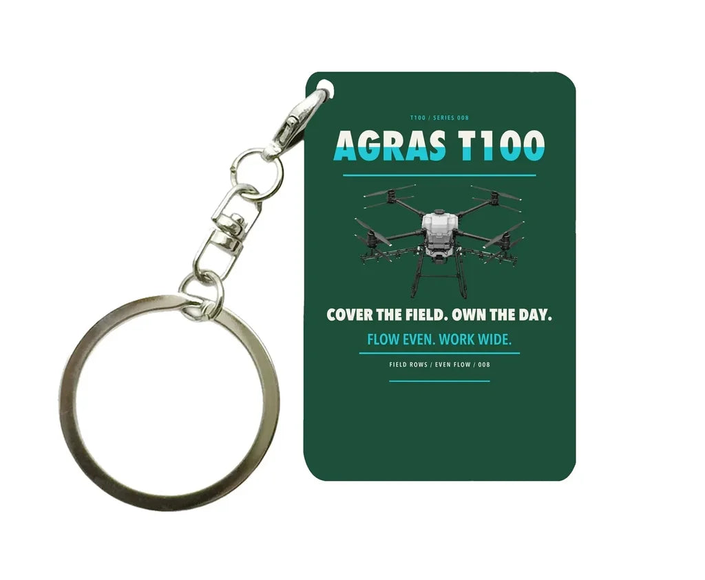 DJI Agras T100 Key Chain design on dark green key chain