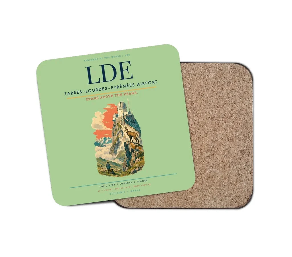 Tarbes–Lourdes–Pyrénées Airport (LDE) design on light green 1 piece coaster