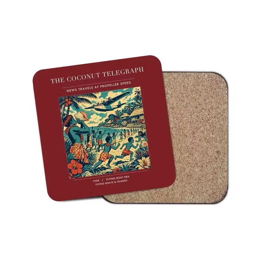 The Coconut Telegraph - Designed Coasters design on dark red 1-piece
