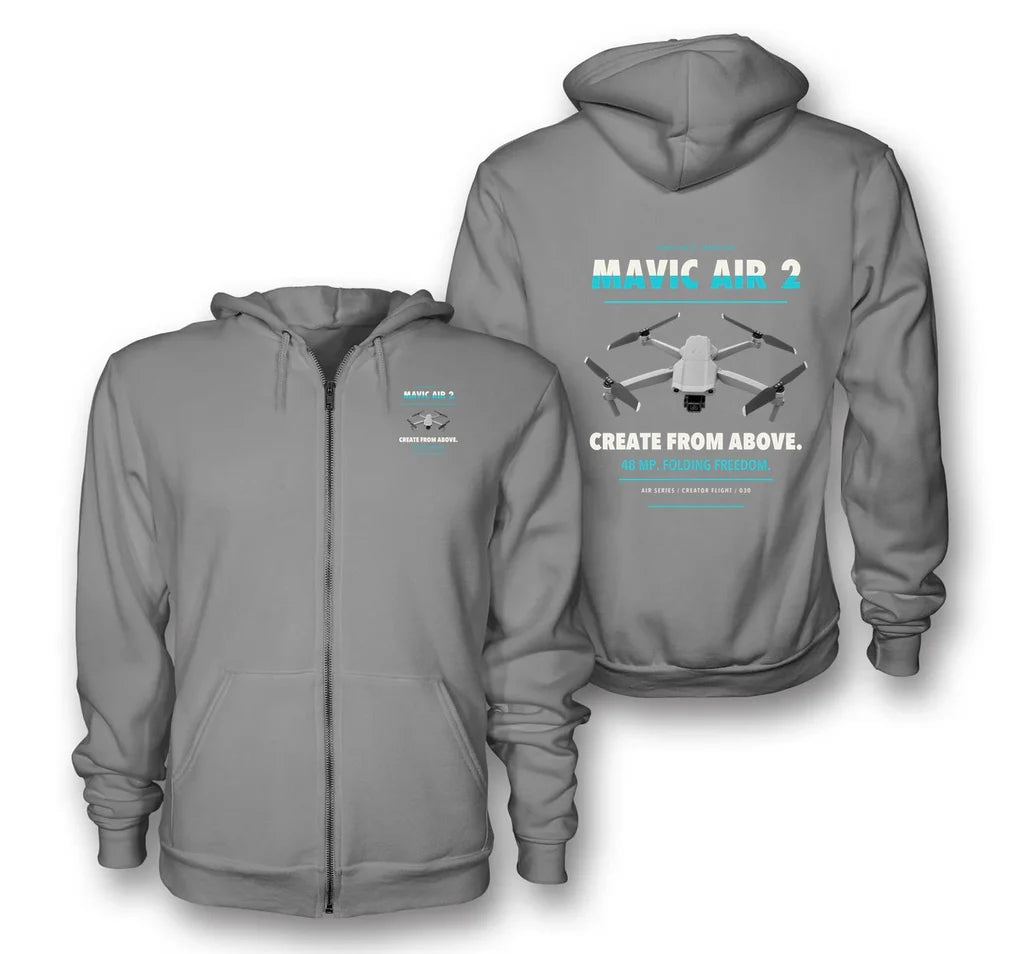 DJI Mavic Air 2 design on gray zipped hoodie