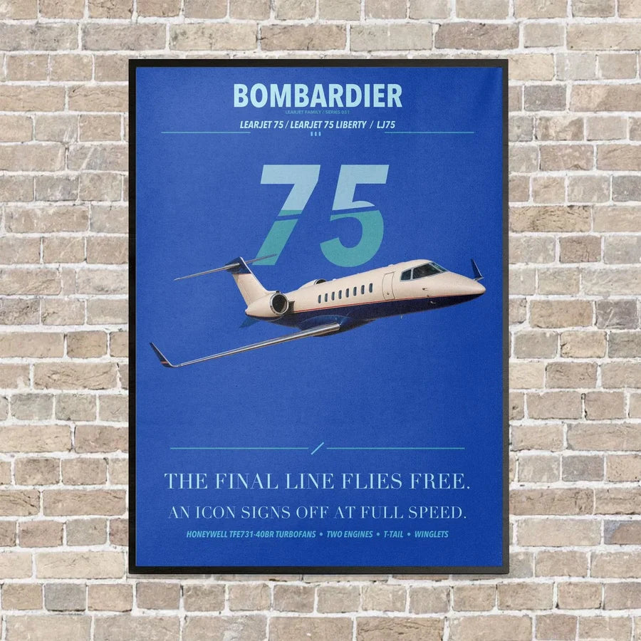 Bombardier Learjet 75 Liberty vertical canvas print - framed - blue background