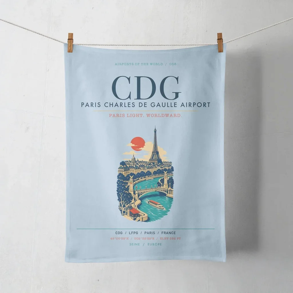 Paris Charles de Gaulle Airport (CDG) design on light blue towel