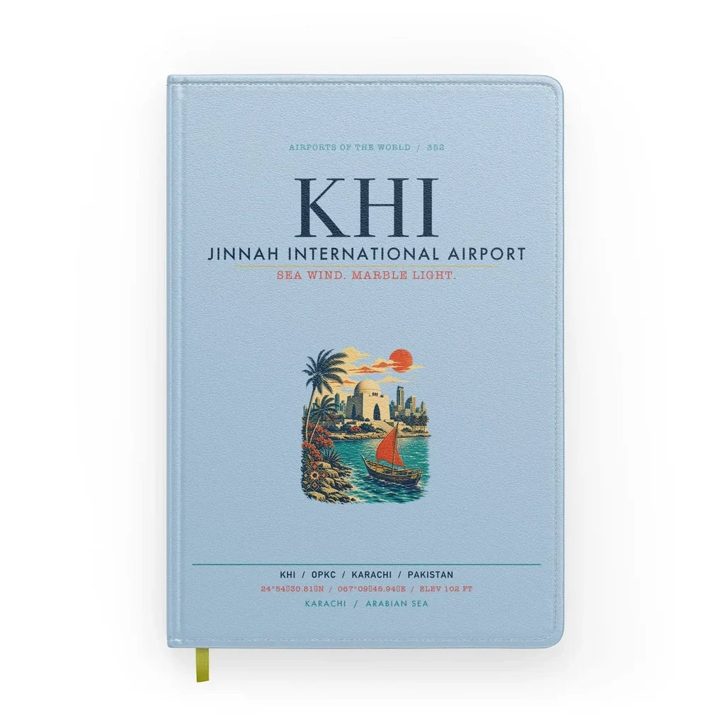 Jinnah International Airport Karachi (KHI) design on light blue notebook