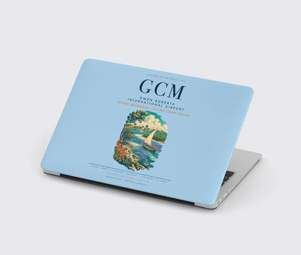 Owen Roberts International Airport (GCM) design on light blue MacBook case