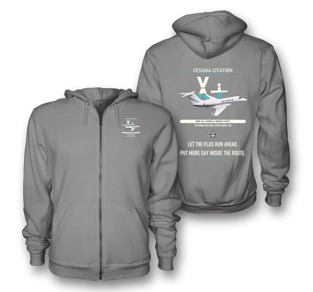 Cessna Citation X+ design on gray premium zipped hoodie, double-side print