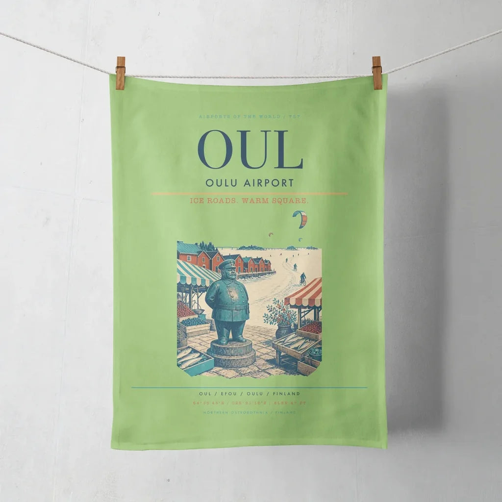 Oulu Airport (OUL) design on light green towel
