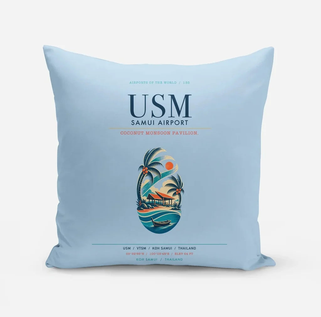 Samui Airport Koh Samui (USM) design on light blue pillow