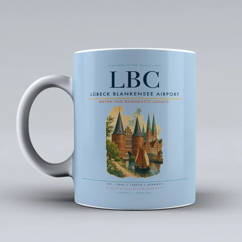 Lübeck Blankensee Airport (LBC) airport code design on light blue ceramic mug