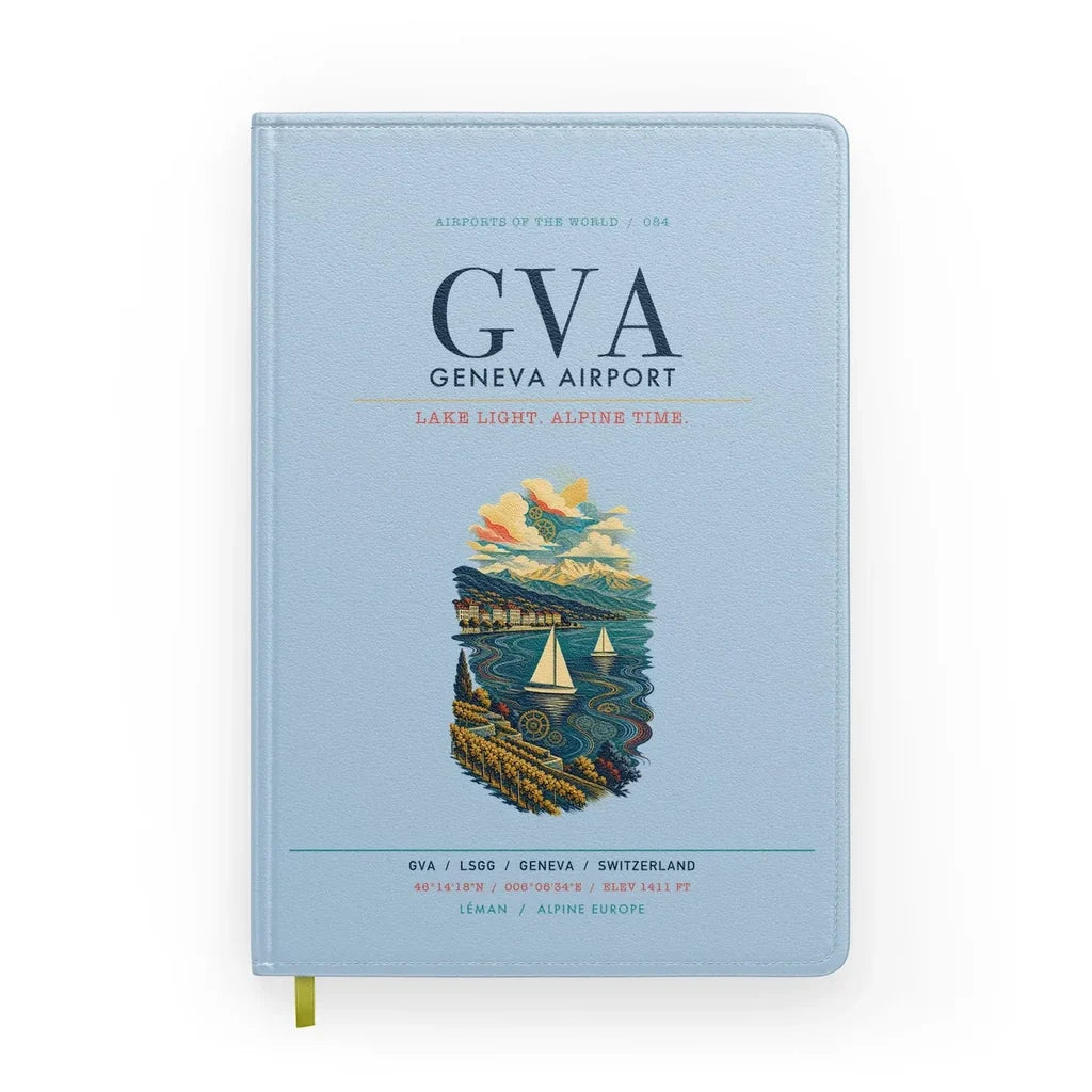 Geneva Airport (GVA) design on light blue notebook