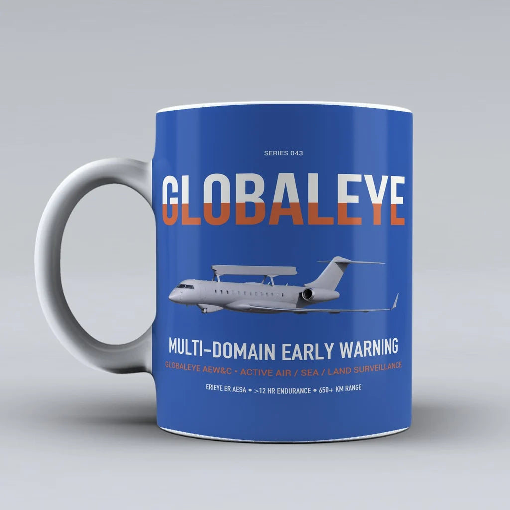 Saab GlobalEye design on blue ceramic mug, double-side print