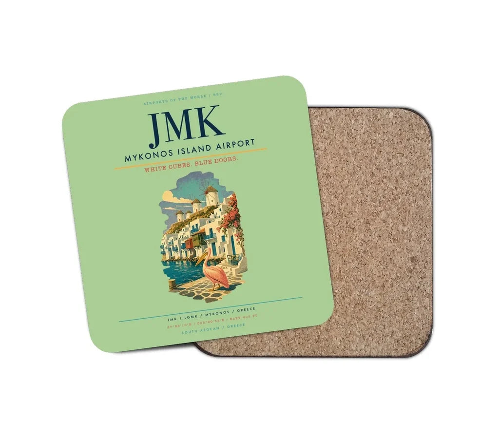 Mykonos Island Airport (JMK) design on light green 1 piece coaster