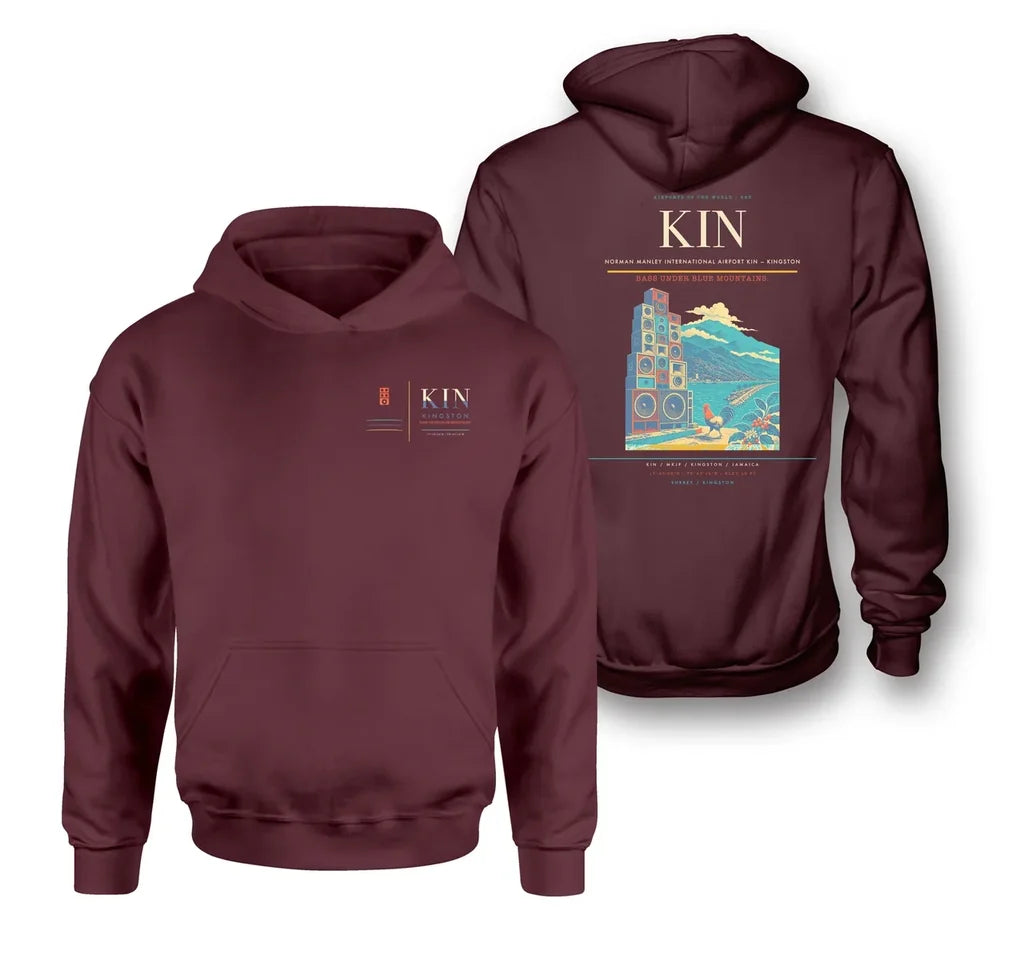 Norman Manley International Airport (KIN) design on dark red double-side hoodie