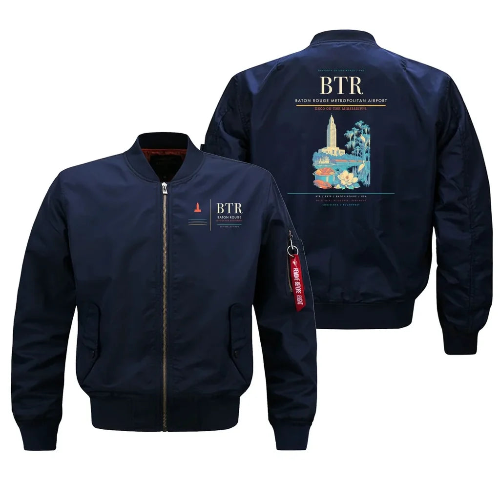 Baton Rouge Metropolitan Airport (BTR) design on blue bomber jacket