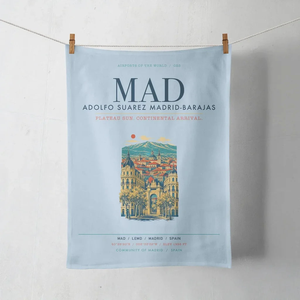 Adolfo Suarez Madrid-Barajas Airport (MAD) design on light blue towel