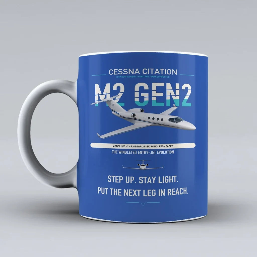 Cessna Citation M2 Gen2 design on blue ceramic mug, double-side print