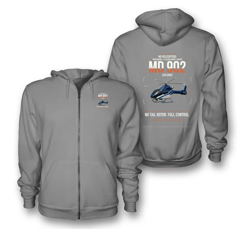 MD Helicopters MD 902 Explorer design on gray premium zipped hoodie, double-side print