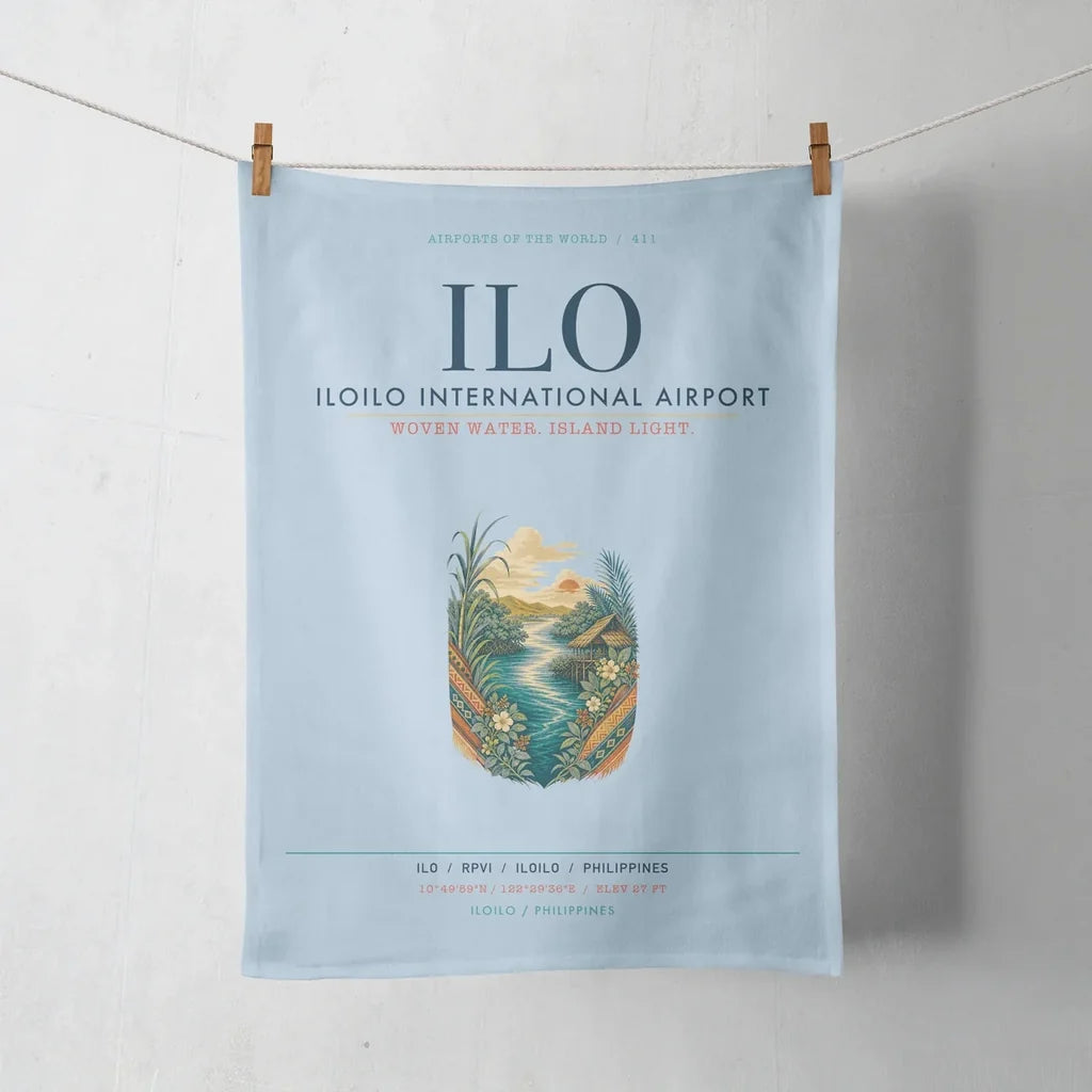 Iloilo International Airport (ILO) design on light blue towel