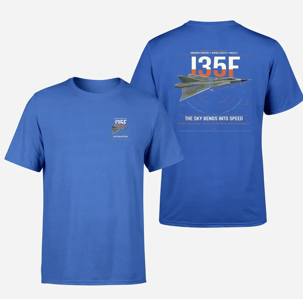 Saab J 35F Draken design on blue t-shirt, double-side print