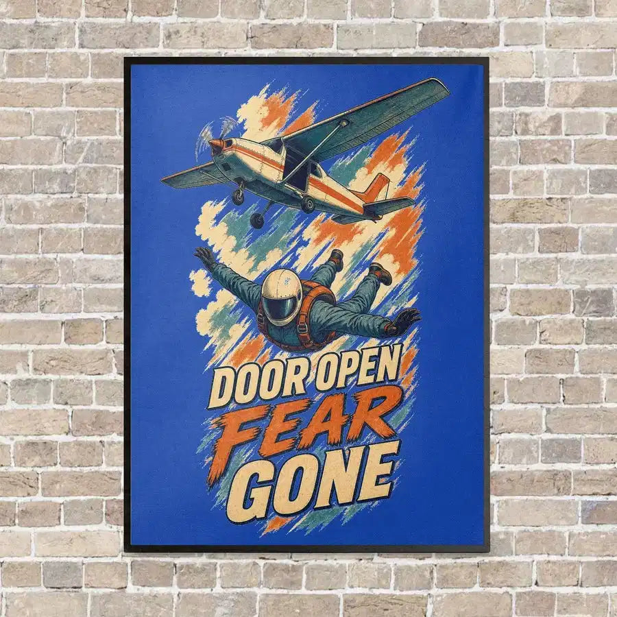 Door Open Fear Gone vertical canvas print - framed - blue background