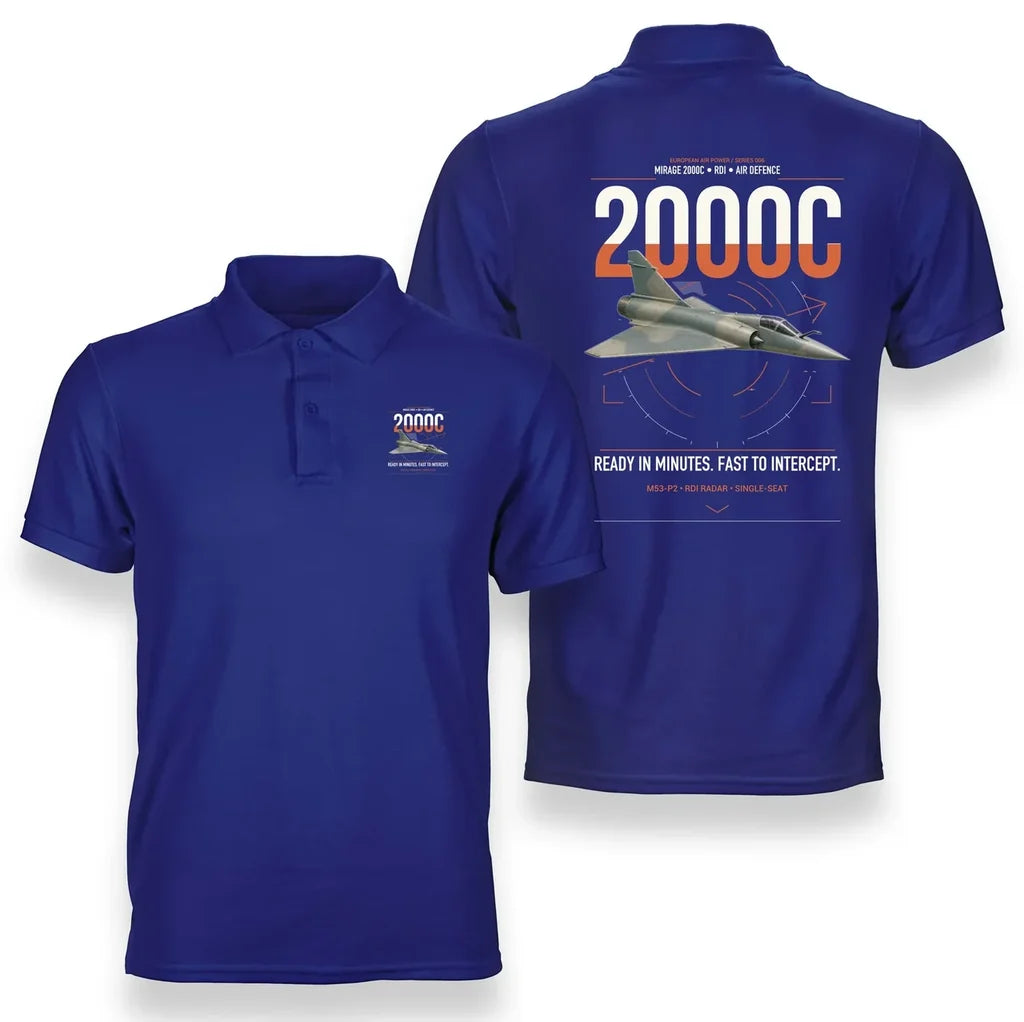 Dassault Mirage 2000C RDI design on blue double-side polo t-shirt, double-side print